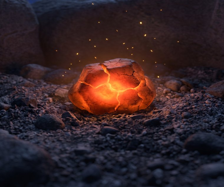 The Ember — a cracked charcoal shell glowing orange from within, sparks lifting off him like breath.