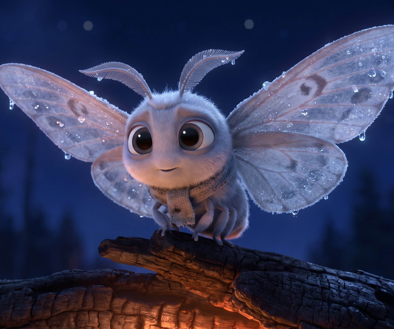 The Moth — a small pale moth with frost-dusted wings, big gentle eyes and a tiny knitted scarf, perched on a charred log above an ember's glow.