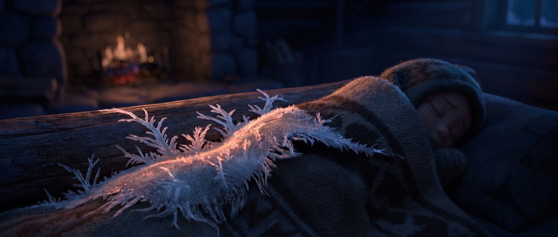 Creeping white frost advancing in crystalline fingers, catching a faint orange glow in its ice.
