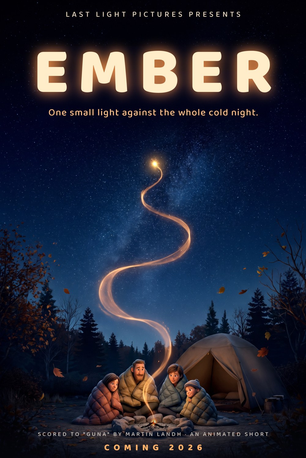 EMBER — a small glowing ember with a cracked charcoal shell and a molten orange heart, resting in a dark ash bed beneath a starry night sky.