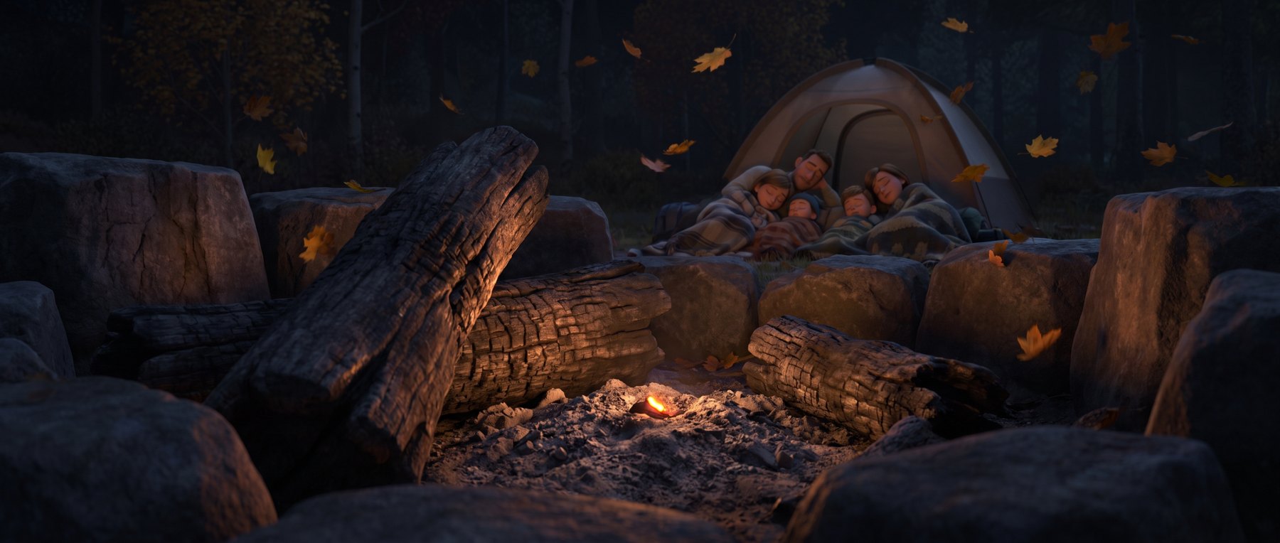 Inside the stone fire ring at night: charred logs looming like monuments, and beyond the stones a family asleep by a tent under drifting autumn leaves, lit by one tiny glow.